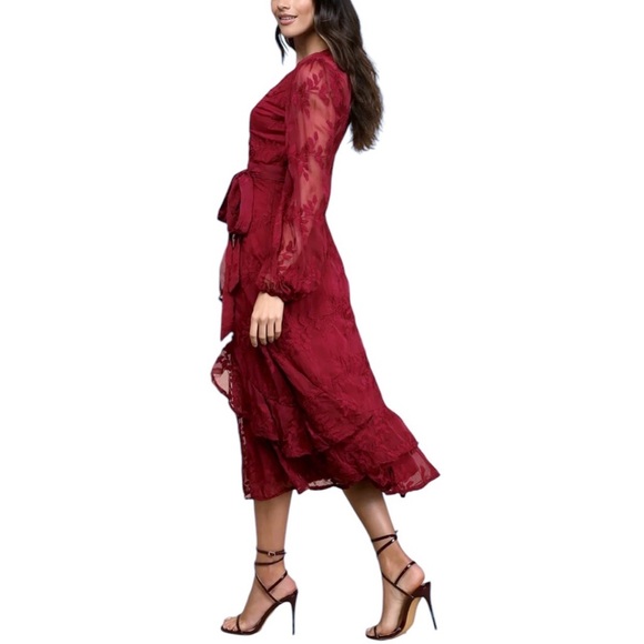 Lulu's Faux Wrap Midi Dress Large Party Holiday Chiffon Embroidered Asymmetrical - Picture 11 of 17